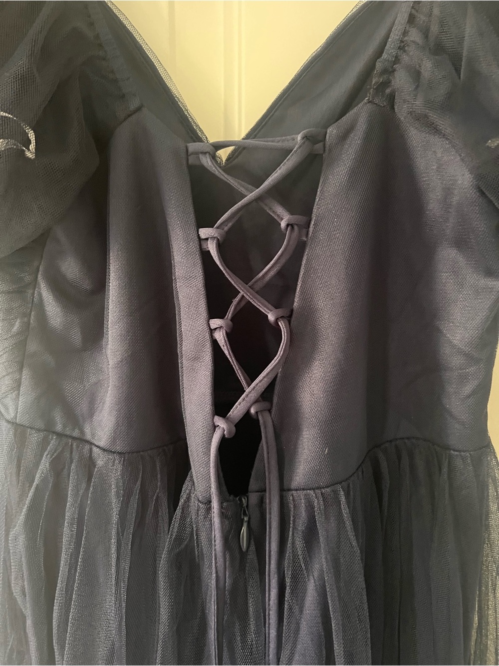 Lulus Glorious Chicness Navy Tulle Pleated Puff Sleeve Midi Dress - Picture 5 of 8